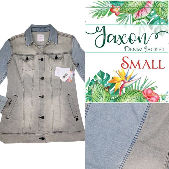 LuLaRoe Jaxon Denim Jacket Small Two-Tone Grey Blue Wash Stretch Jean Coat - Picture 13 of 13